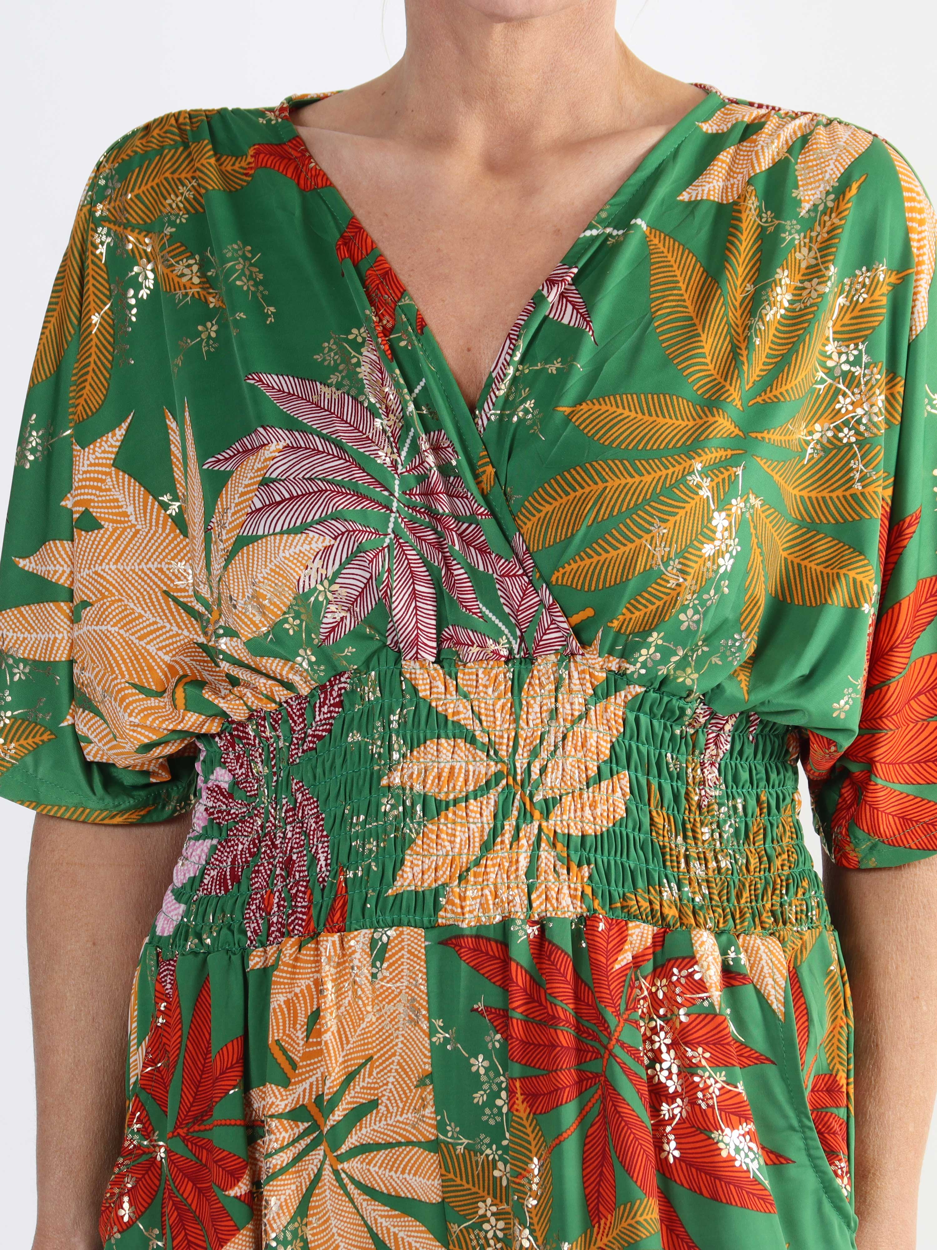 Pams Multi Leaf Jumpsuit - Elastisk plus size buksedragt med bladmønster